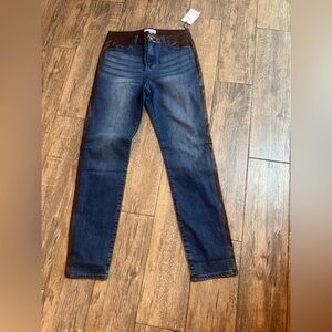 Slim Straight Jeans in Dark Blue with Brown Side Panels